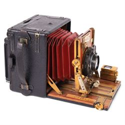 The Sanderson Camera, mahogany and brass plate camera, featuring ivorine name plaques, with Compur DRG DRGM lens, serial no. 258646