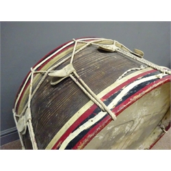  Early 20th century Regimental bass drum, original rope rigging, paintwork and skin drum, D72cm   