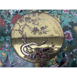 Cloisonné plate decorated with birds and flowers, together with a pair of Cloisonné vases of baluster form 