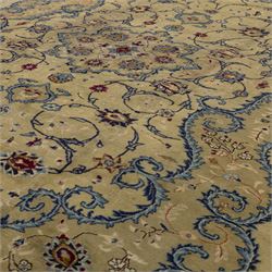 Central Persian Kashan hand-knotted carpet, ivory field with central shaped medallion, surrounded by intricate arrangement of scrolling vine and floral motifs in  pale blue tones, within conforming spandrels and matching border, cotton fringe ends  