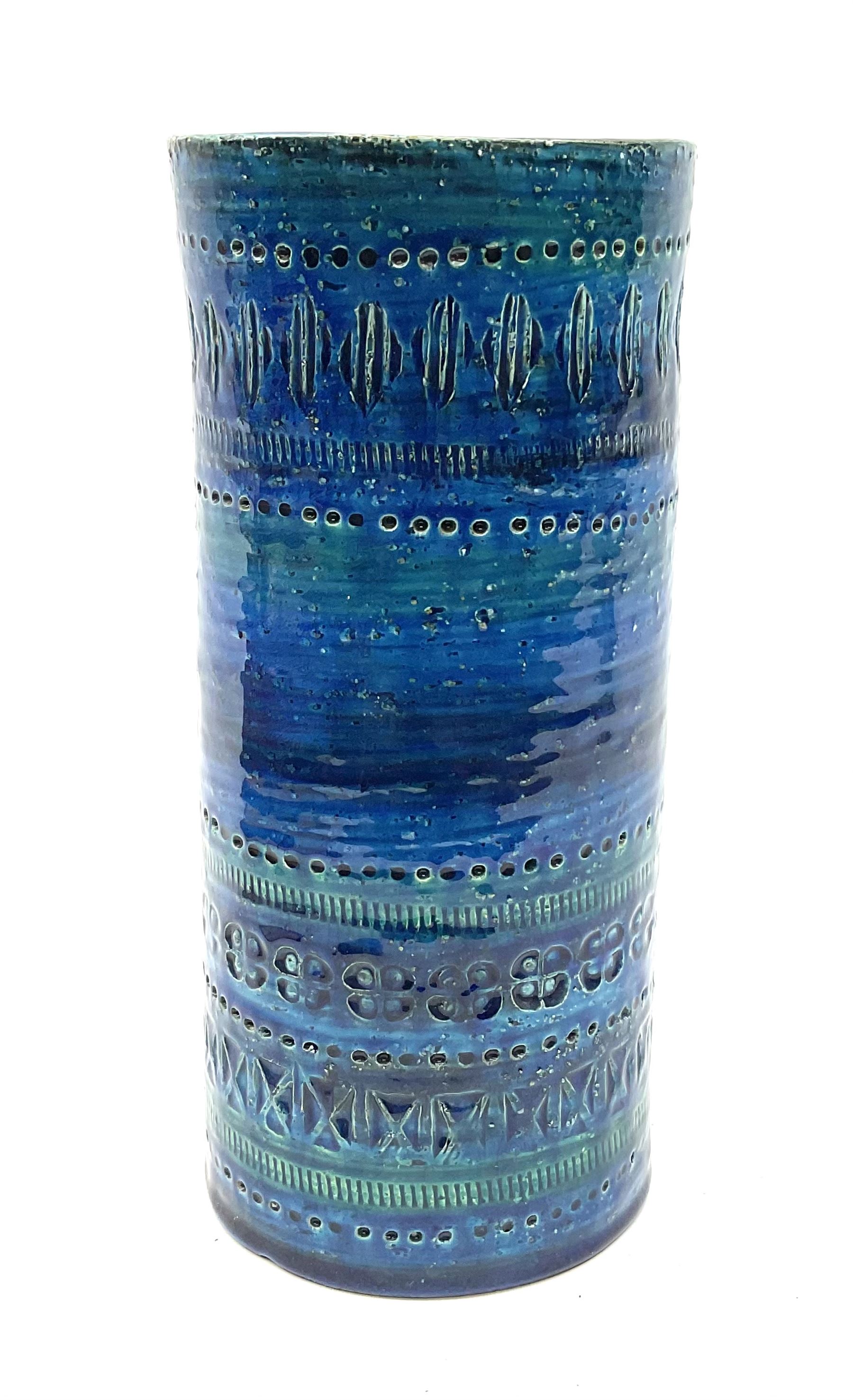 Aldo Londi for Bitossi , an Italian Rimini Blu vase, of cylindrical form decorated with incised geometric bands, with painted marks beneath, H25.5cm. 