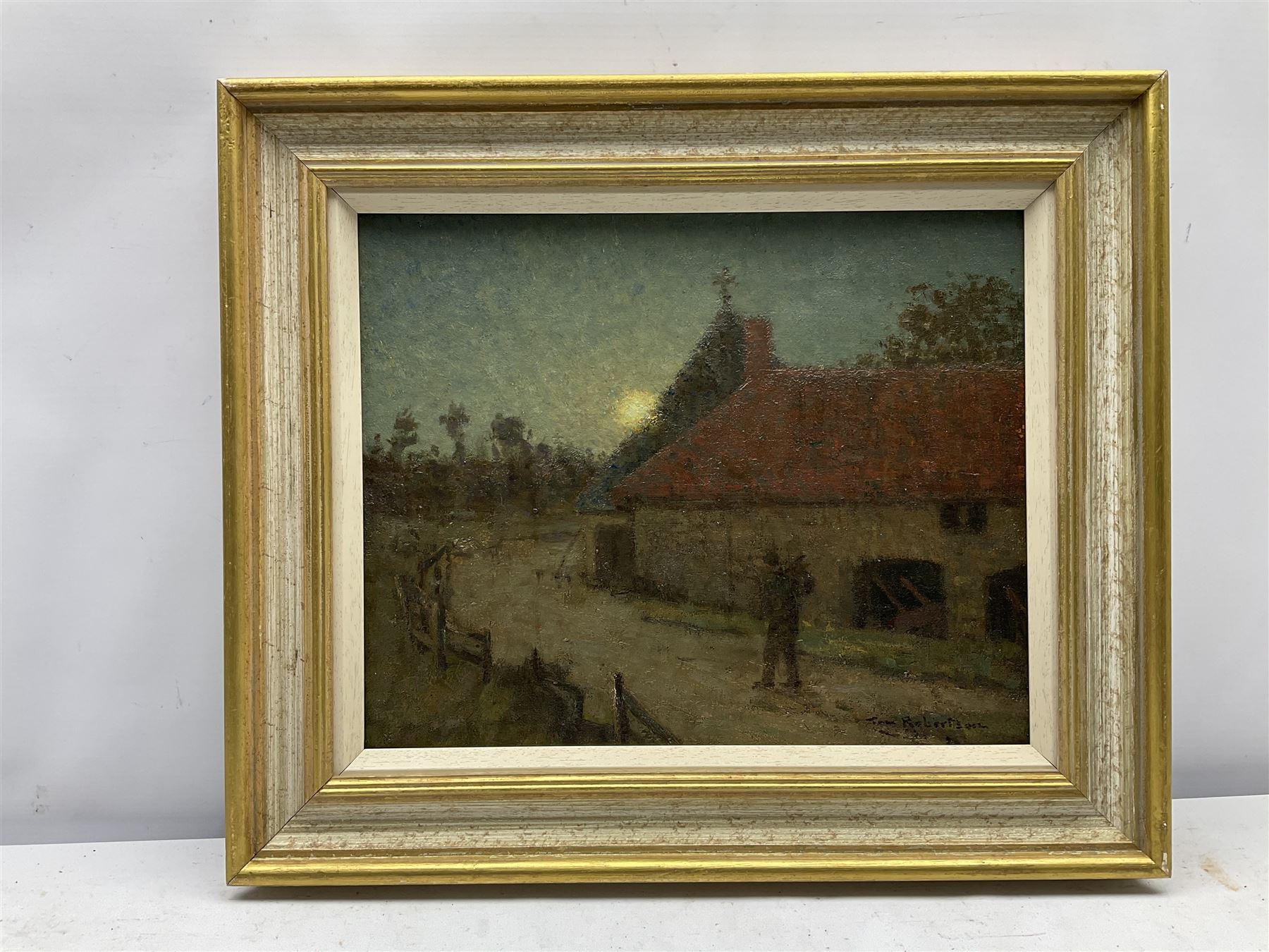Tom Robertson (Scottish 1850-1947):	'On The Tramp', oil on canvas signed, title inscribed on artist's label verso 33cm x 41cm						
Provenance: with Louise Kosman, Gullane near Edinburgh; the artist's family

