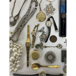 Silver horseshoe stick pin, silver cross pendant, silver-gilt Pobjoy Mint Earl Mountbatten of Burma commemorative medal, a collection of costume jewellery including brooches, necklaces and wristwatches and three base metal vesta cases 
