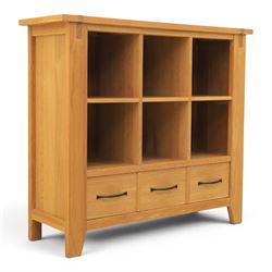 Contemporary Oak cabinet, rectangular top with tenon detailing, two open recess shelves, a...