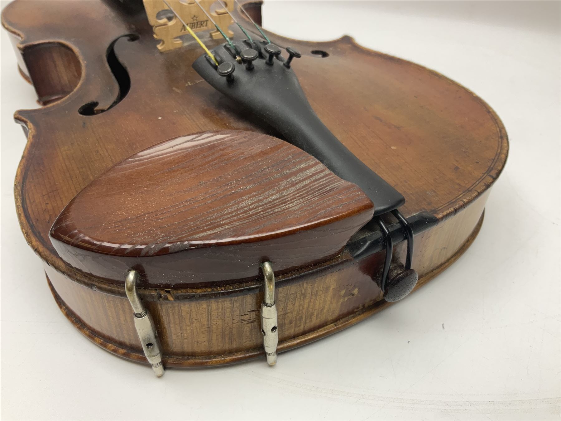 German trade violin in the Steiner style c1900 with 35.5cm two-piece maple back and ribs and spruce top L59cm overall; in fitted carrying case with two bows; and a Saxony violin with 35.5cm one-piece maple back and ribs and spruce top L58.5cm overall (2)