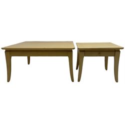 Skovby - maple square coffee table on tapering splayed supports (82cm x 82cm, H42cm); matching lamp table with single drawer (49cm x 49cm, H41cm)
