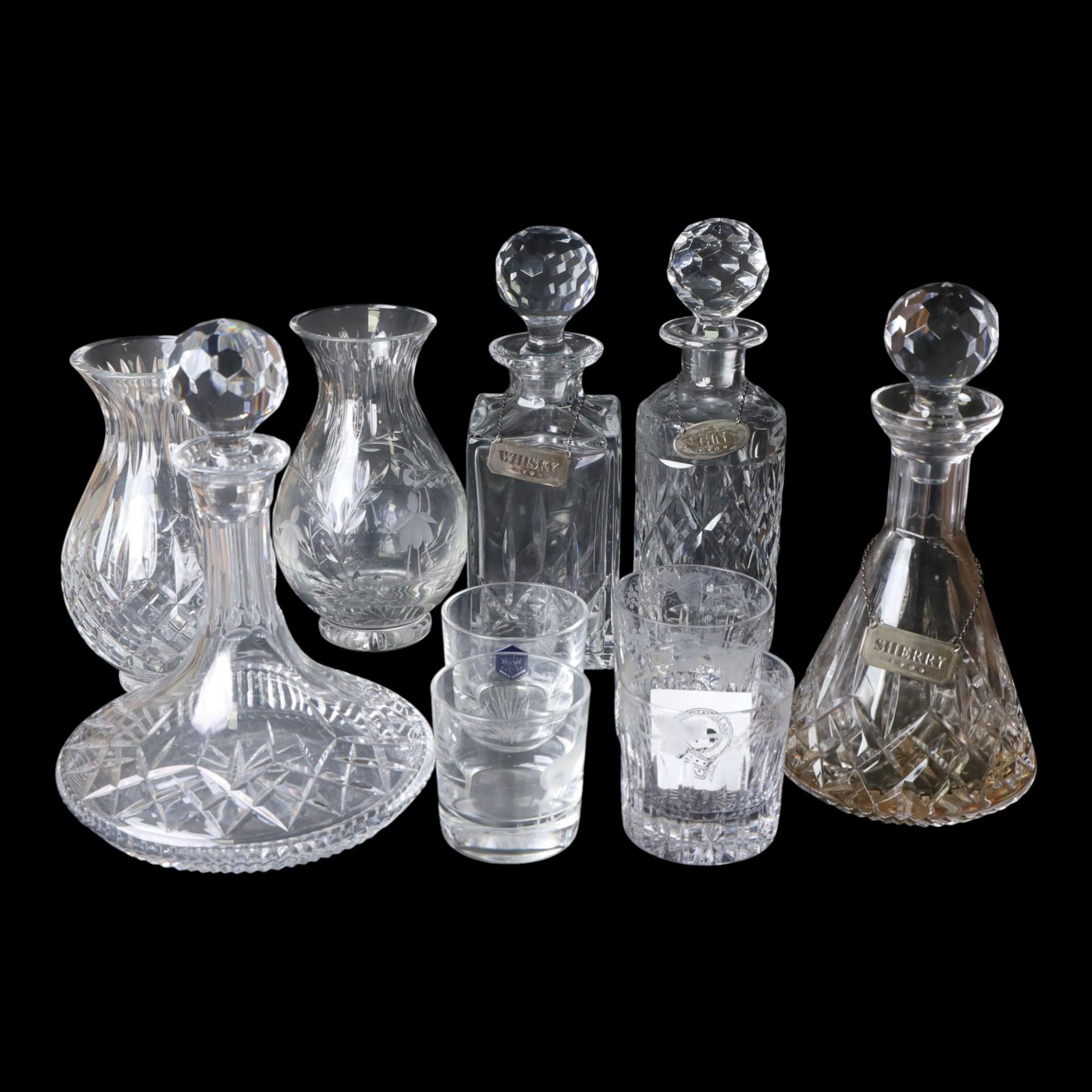 Four glass decanters with three silver labels for gin sherry and whisky, hallmarked Birmingham 1984, together with two Stuart Crystal vases and set of four Galloway glasses