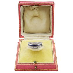 Early-mid 20th century 18ct white gold calibre cut sapphire and ruby and old cut diamond swivel ring, in original box