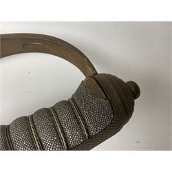 Victorian artillery officer's sword, the 90cm fullered steel blade by E. Thurkle Denmark Street Soho London decorated with Victoria cypher, Regimental crest and 'Royal Artillery', three-bar hilt with stepped pommel and wire-bound fish skin grip; in leather covered scabbard L107cm overall