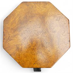 Figured and burr oak side table, octagonal top on turned column, out splayed supports on turned feet 