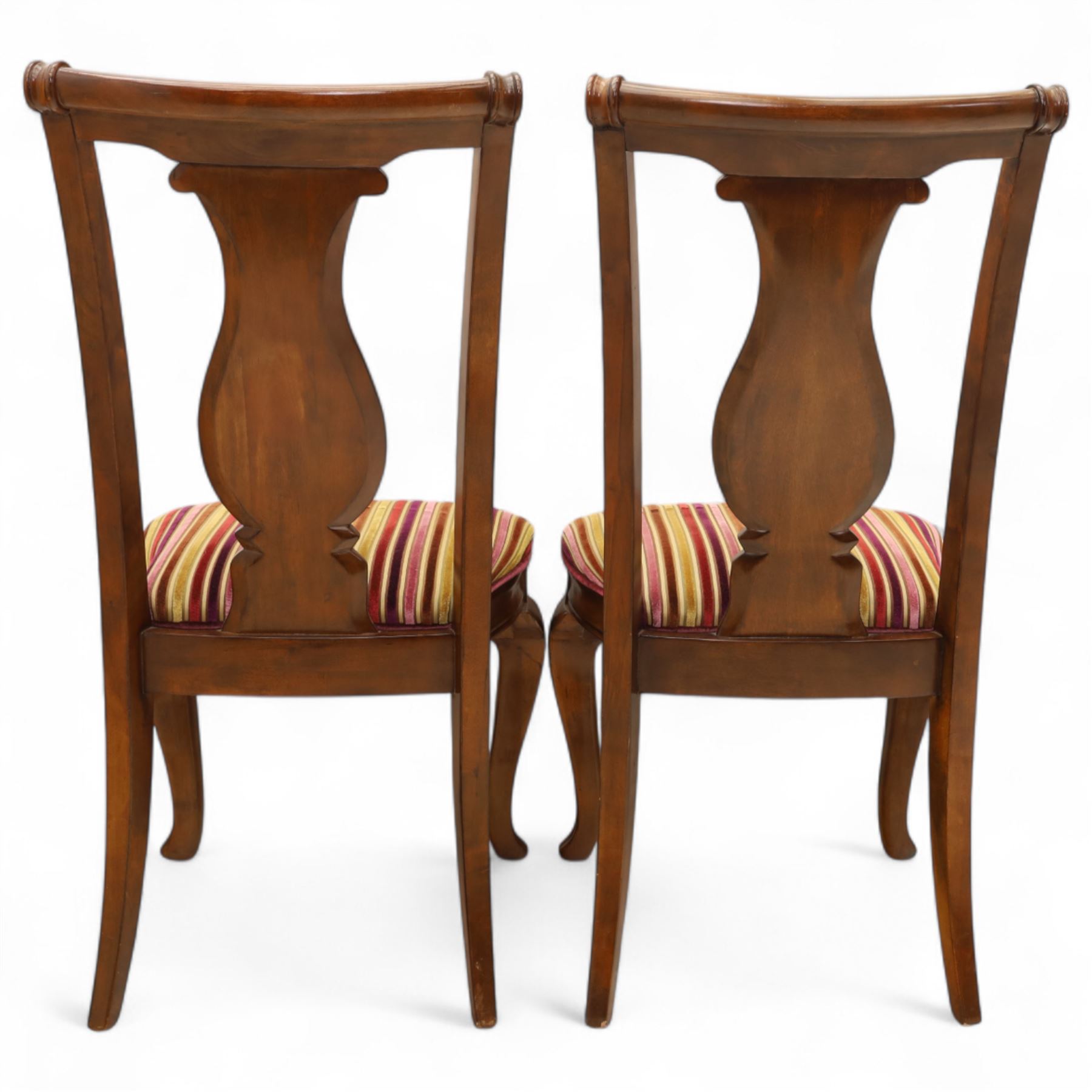 Willis & Gambier - mahogany extending dining table, rectangular top with rounded corners on cabriole legs, with two 35cm extension leaves, four Willis & Gambier upholstered high back chairs and four mahogany chairs, upholstered in a stripped multi-coloured velvet fabric, with scroll-shaped top rail, lyre-shaped back splat on cabriole legs, chairs W46xD91x97cm (11) 