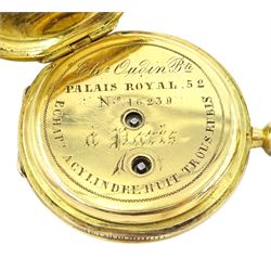 19th century French 18ct gold full hunter key wound cylinder ladies fob watch, the inner dust cover engraved 'Chs Oudin Bte Palais Royal 52 No. 16239..', white enamel dial with Roman numerals, guilloche blue enamel and diamond outer case, eagle hallmark, the replacement bow stamped 9.375, with gold split seed pearl bow attachment