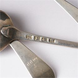 George III silver basting spoon London 1772, another engraved with initials London 1802 Thomas Wallis II, pair of table spoons London 1791 Maker Peter and Ann Bateman and two dessert spoons