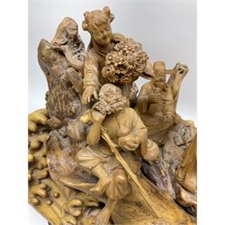 Large Chinese wood carving, depicting the eight immortals crossing the sea, H46cm, L78cm 