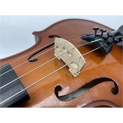 Four student violins - two Chinese three-quarter size with 33.5cm and 34cm two-piece backs; Stringers of Edinburgh quarter size with 28cm two-piece back; and Stentor quarter size with 28cm two-piece back; each in carrying case (4)