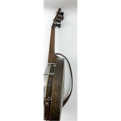 Melody-Uke four-string ukelele banjo, makers plaque to head stock L59cm; and Italian eight-string lute-back mandolin with mahogany stained segmented maple back and spruce top L59cm (2)