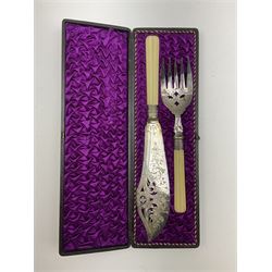 Collection of silver plated items, comprising fish servers, mother of pearl napkin rests, napkin rings, dessert forks, coffee bean spoons and berry spoons, all within tooled leather fitted cases 