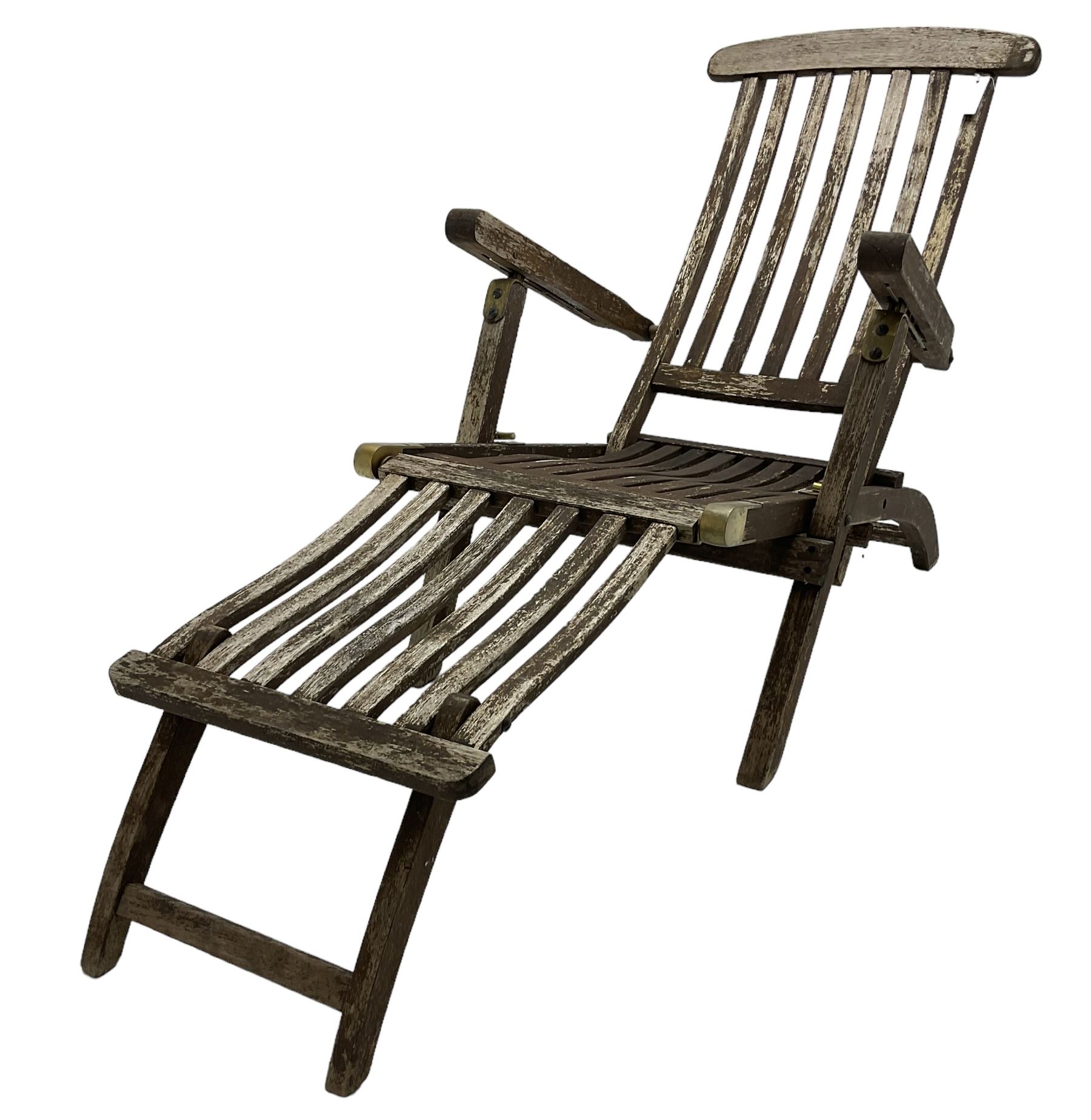 Hardwood framed folding garden steamer chair with fold-out foot rest 