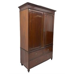 Late 20th century mahogany press cupboard, projecting gardroon carved cornice over two panelled doors, two drawers below