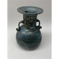 Roman style twin-handled blue glass vase with iridescent distressed finish, H20cm 