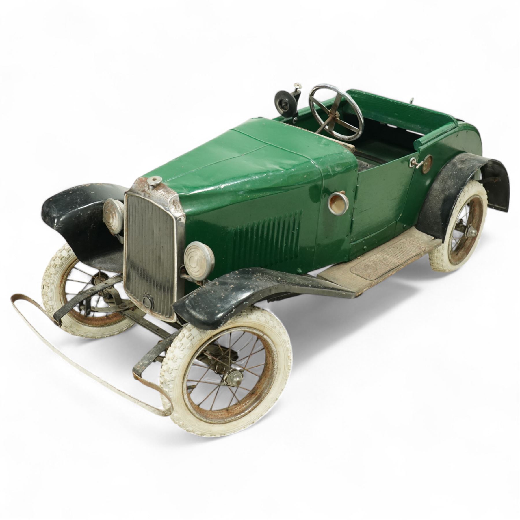 Lines Brothers Ltd. for Triang - 1920s/1930s children's open tourer pedal car, modelled as a Vauxhall, with 'British Racing Green' paintwork, body on metal chassis with toolbox to side and opening rear trunk 