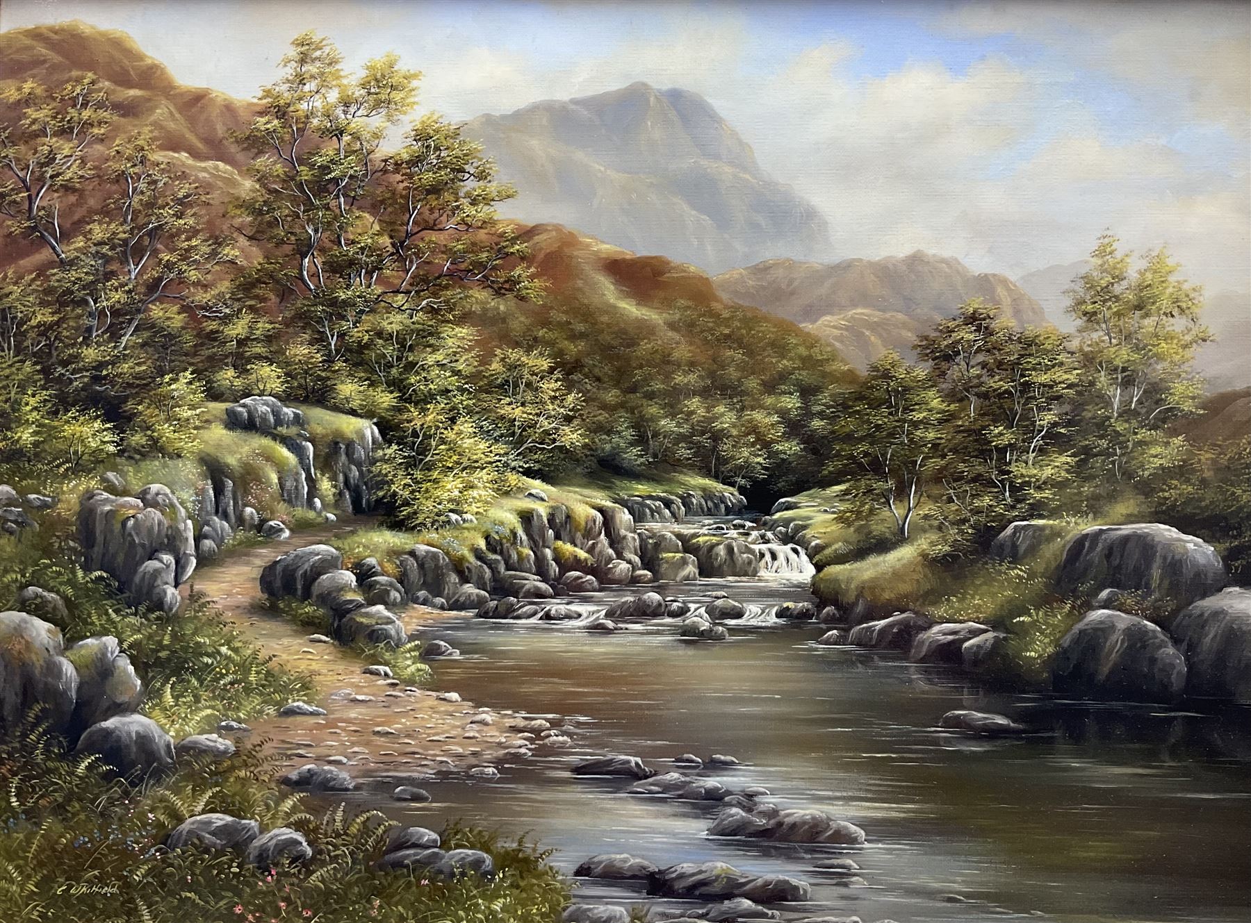 Carl Whitfield (British 1958-): Upland River Landscape, oil on canvas signed 48cm x 60cm
