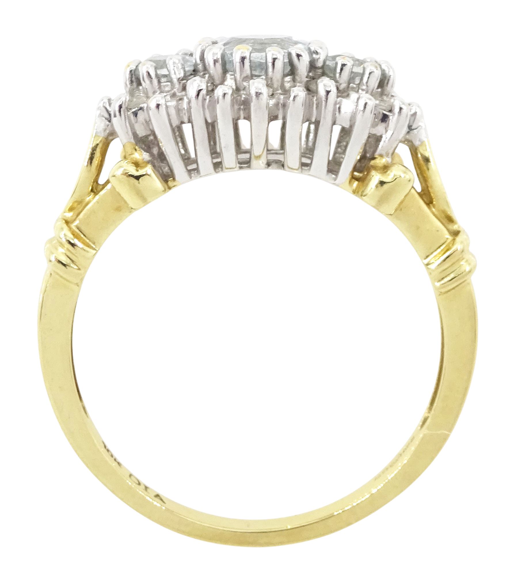 9ct gold aquamarine and diamond cluster ring, three round cut aquamarines, with diamond chip surround and scroll design shoulders, hallmarked