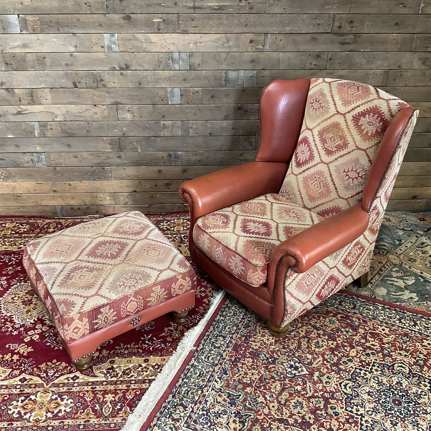 Tetrad Eastwood Wingback Leather Kilim Armchairs Brown with footstool,