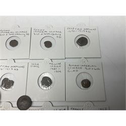 Coins including George III 1807 penny, George IV 1821 farthing, France Napoleon III 1867 one franc etc