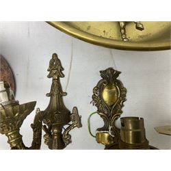 Brass jam pan with iron handle, brass wall sconces, copper oil lamp etc, in one box, jam pan D37cm
