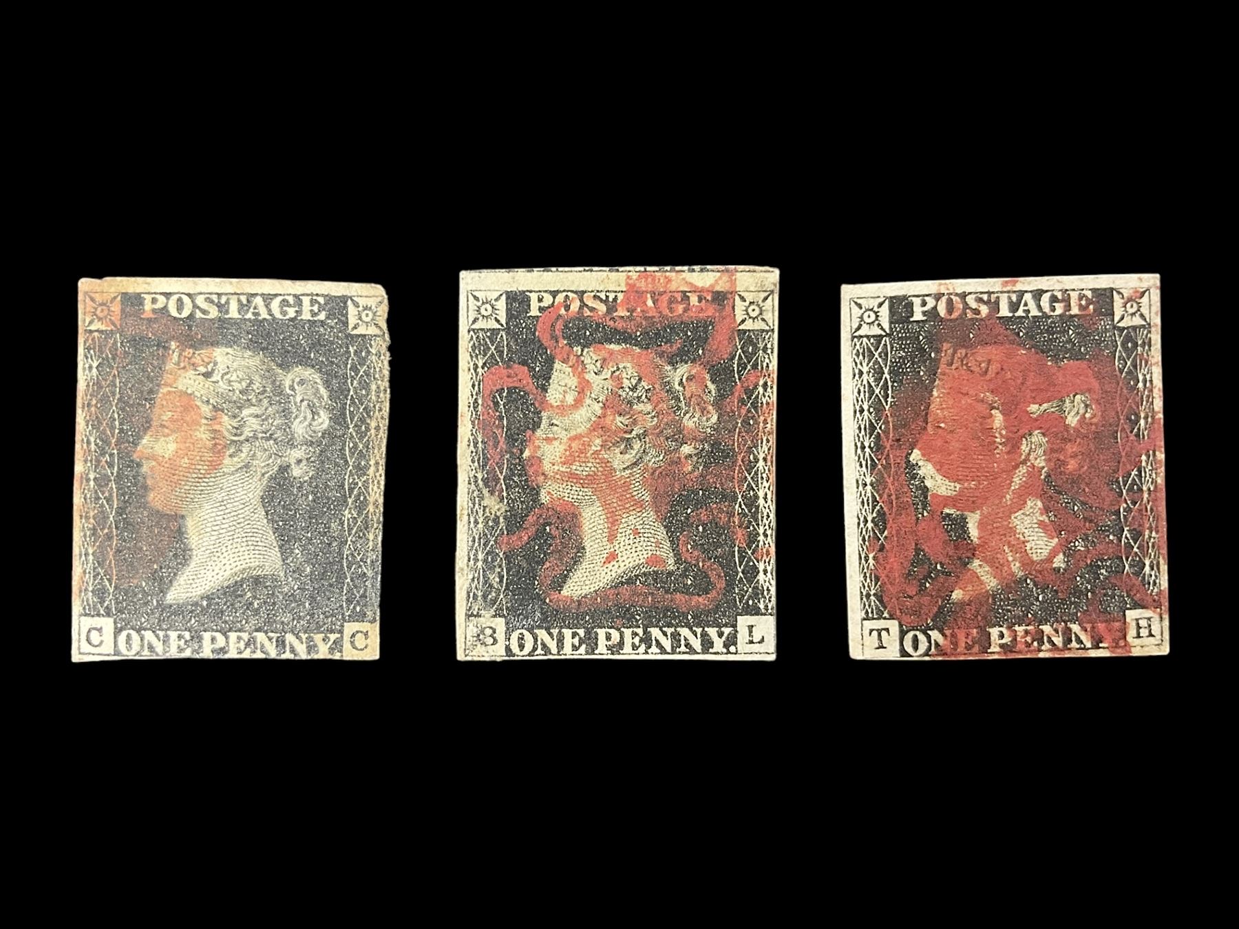 Three Great Britain Queen Victoria penny black stamps, all with red MX cancels