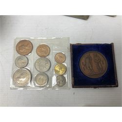 Coins and miscellaneous items, including Queen Elizabeth II 1953 coin set in blister pack, two Britain's first decimal coins sets in blue wallets, pre decimal pennies and other denominations, The National Rifle Association 1860 medallion, various stamps and cigarette cards in albums/loose etc