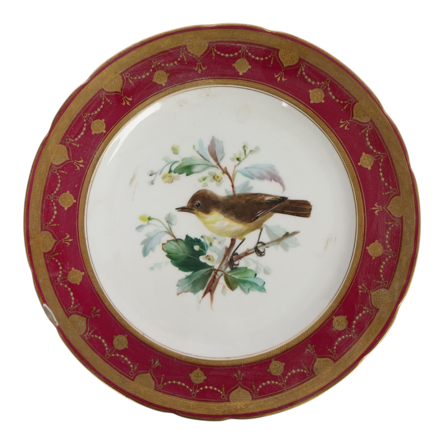 19th century Minton dessert plates, five decorated with a central ornithological study and four decorated with butterflied, each with within a red  and gilt board