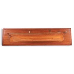 20th century mahogany and pine half-block hull model of a two masted ship, H28cm, W110cm