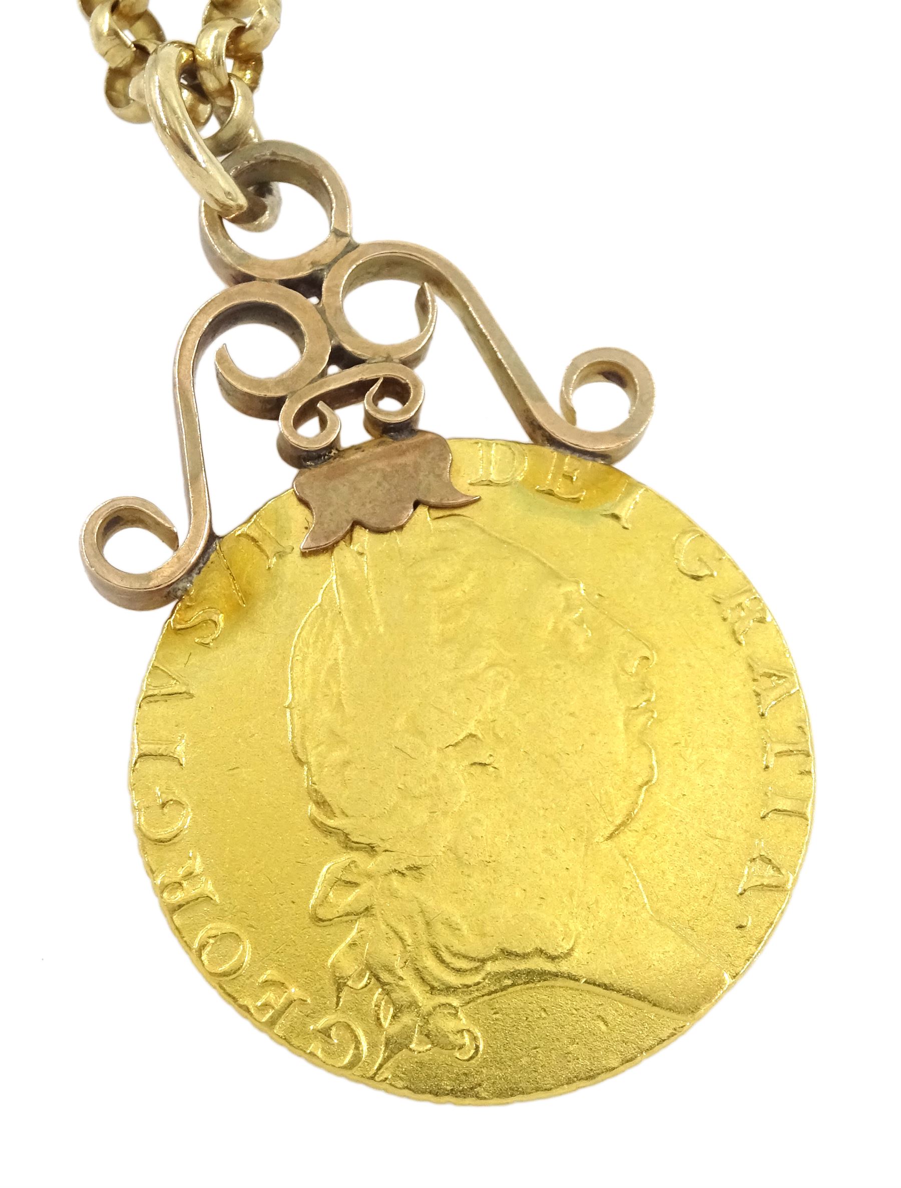 King George III 1791 gold spade guinea coin, soldered 9ct rose gold mount, on 9ct gold belcher link chain necklace