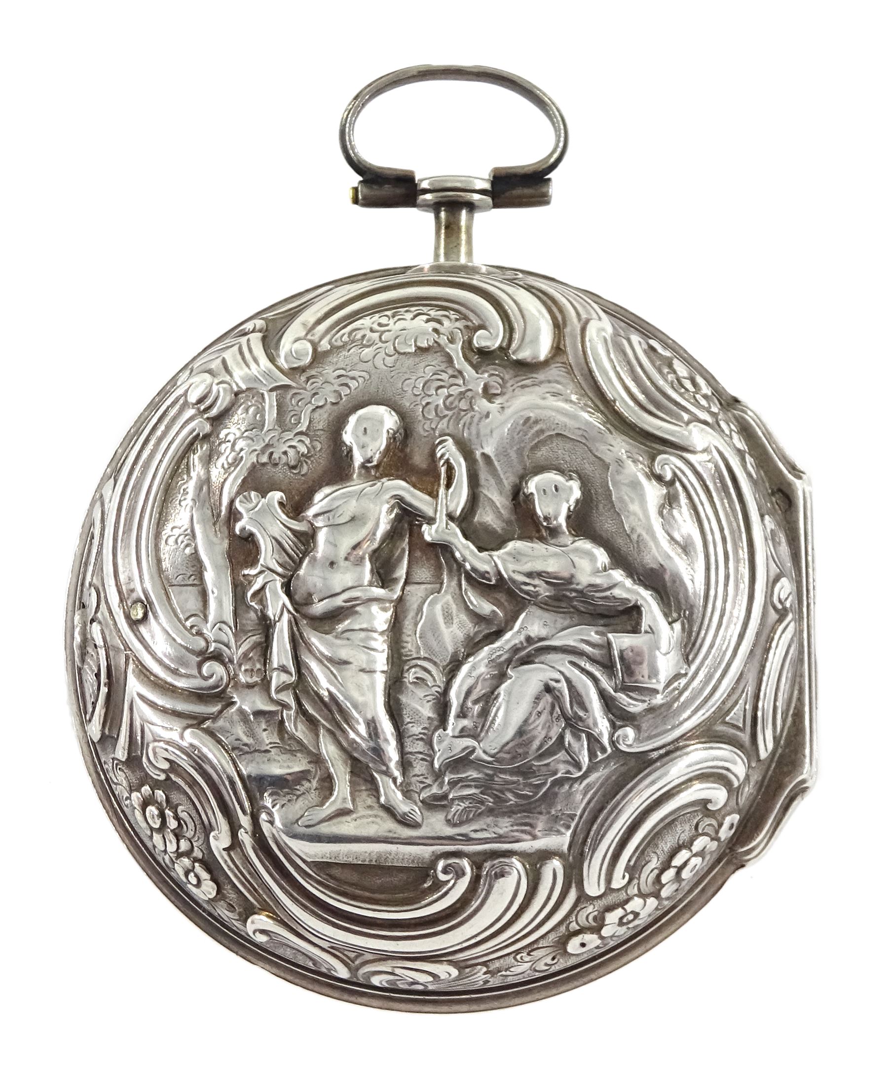 Early George III silver repousse pair cased verge fusee pocket watch by Samuel Weldon, London, No. 24807,  square baluster pillars, pierced and engraved balance cock, white enamel dial with Roman hours and outer Arabic minute ring, Louis XIV hands, bull's eye glass, inner case marked D. P, London 1761, the  outer case depicting figures in a garden setting with scroll borders
