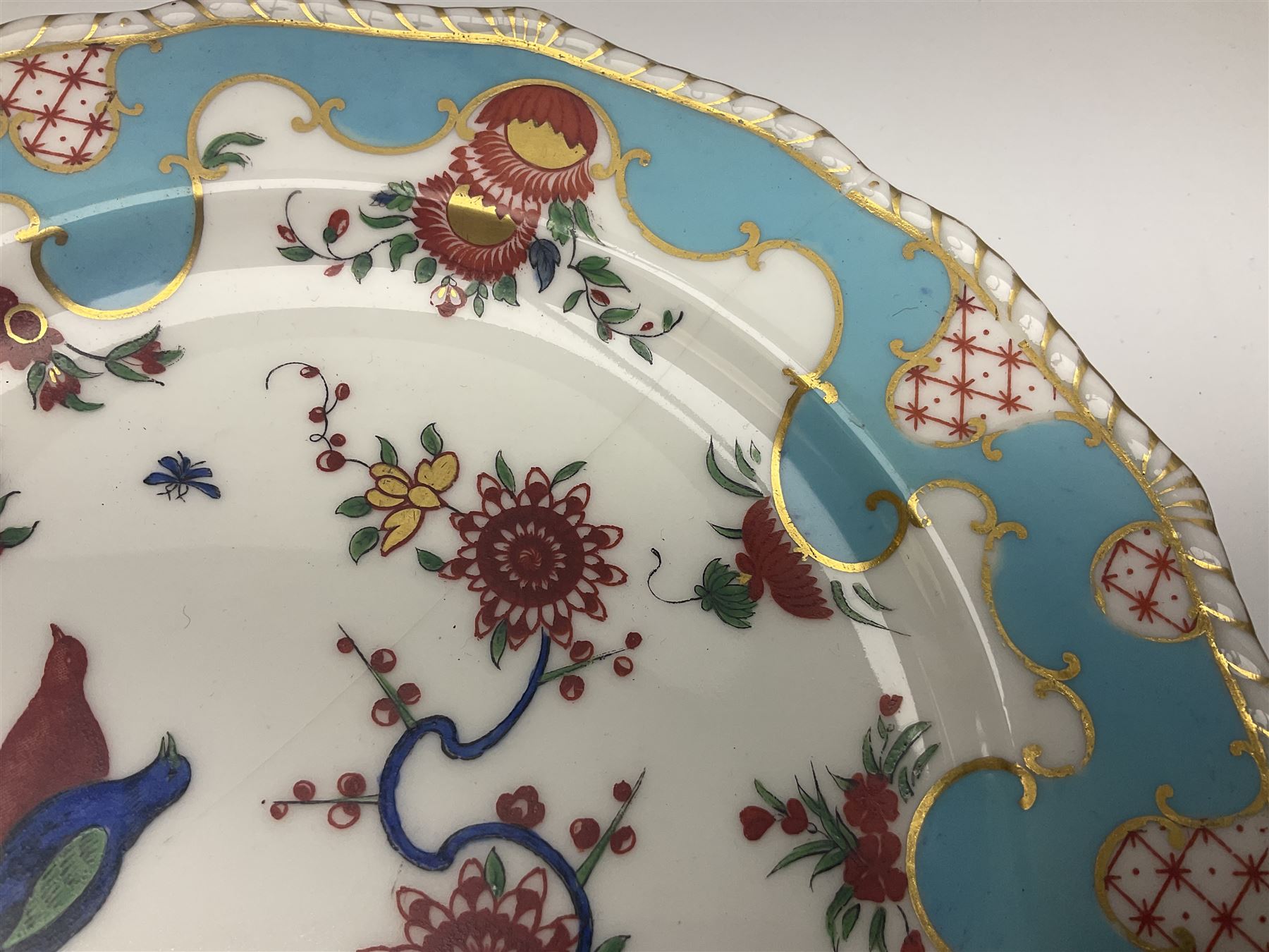19th century Royal Crown Derby in cherry tree pattern, twin handled sauce dish and saucer and twin handled dish, together with three Royal Crown Derby plates, including one signed WEJ Dean