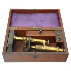 Victorian brass and black japanned microscope with accessories in original mahogany box; snuffing scissors and card case