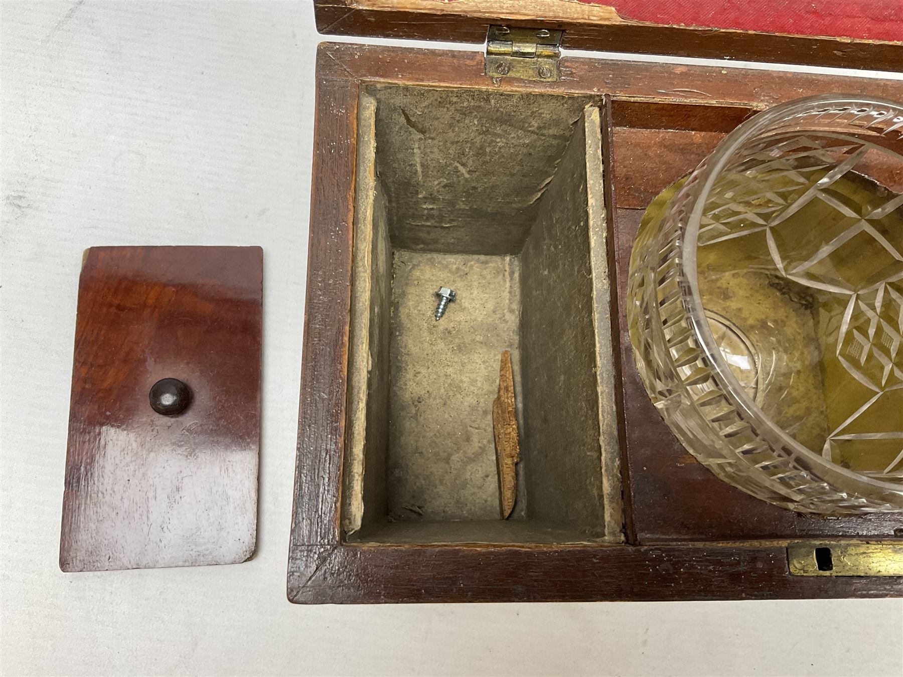 Walnut tea caddy of sarcophagus form, two division lidded interior with a later glass mixing bowl, upon four brass bun feet together with a walnut sewing box with mother of pearl inlaid decoration, tea caddy H16cm