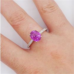 18ct white gold oval cut pink sapphire ring, with diamond set shoulders, hallmarked, sapphire approx 2.80 carat