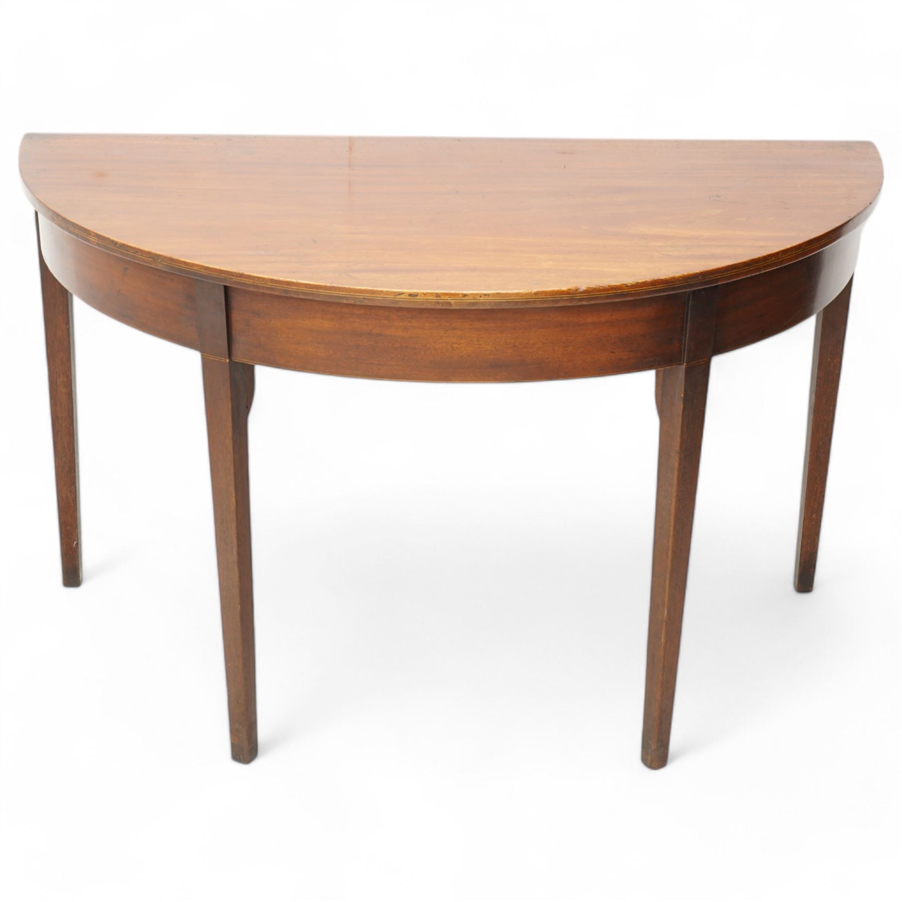 George III mahogany D-end side table, inlaid with boxwood and ebony stringing, on square tapering supports