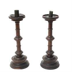  Large set of 19th century brass Apothecary Scales on mahogany single drawer base W56cm and a pair of 19C turned wood altar candlesticks