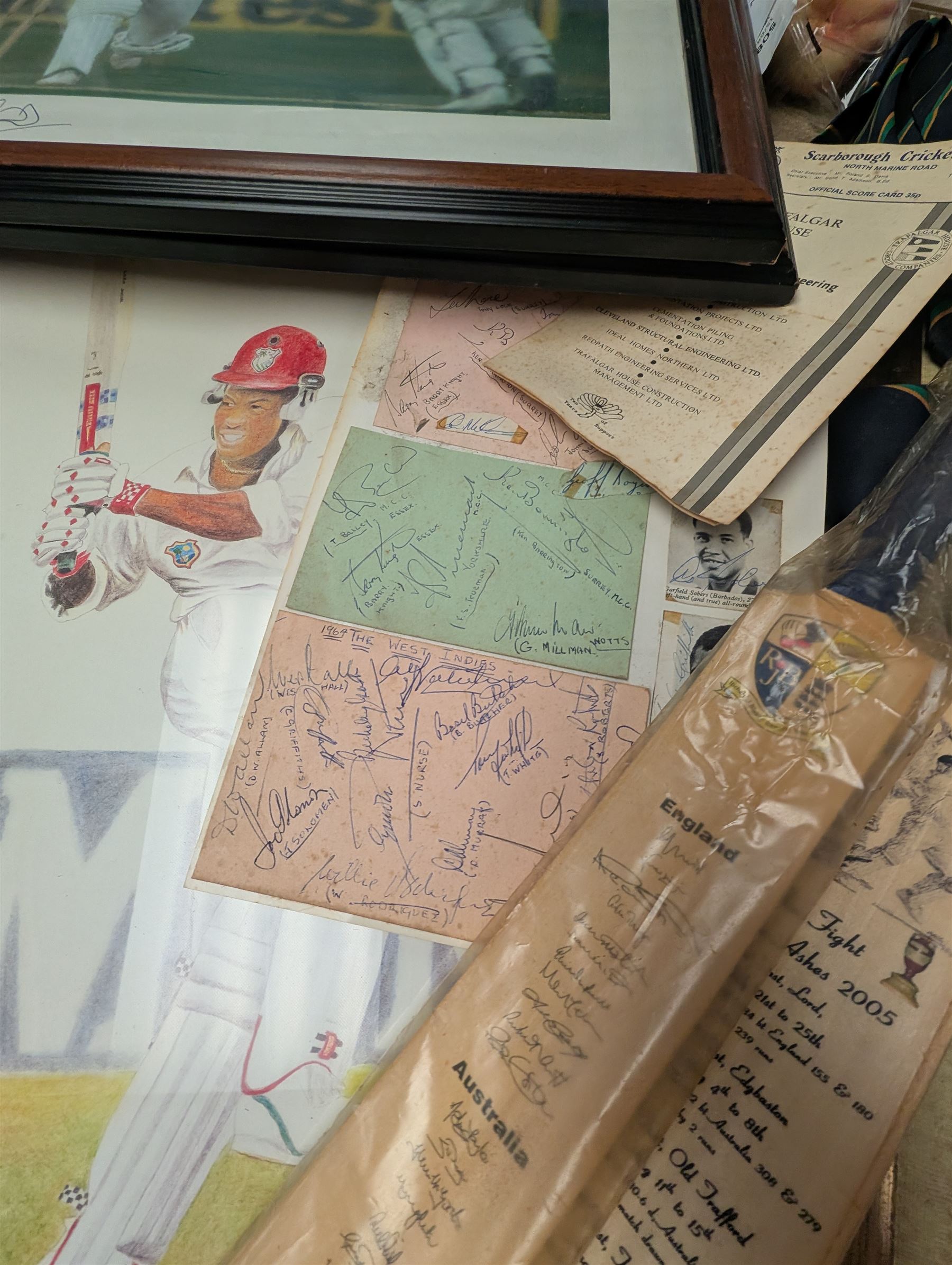 Collection of signed International cricket memorabilia, mostly relating to West Indies, including Curtly Ambrose and Brian Lara prints, Shane Warne and Glen McGrath last test souvenirs, signed Zimbabwe 2003 tour cricket bat, etc