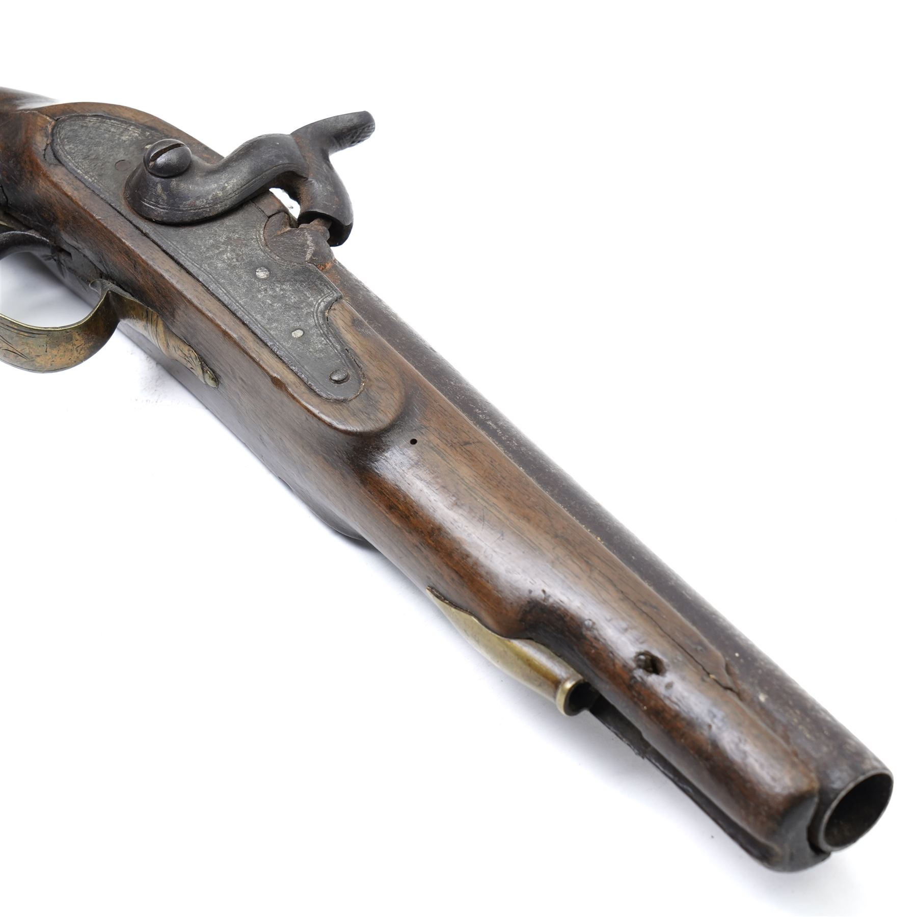 Victorian regulation issue percussion pistol with plain lock and brass mounted stock, overall length 40cm