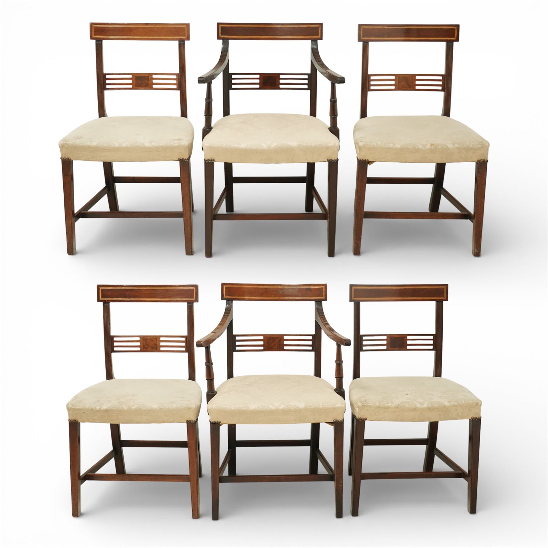 Georgian design mahogany dining chairs, a set of six including two carvers and four side chairs, each with rectangular moulded crest rail above a horizontal splat with central inlaid panel, upholstered seats, raised on square section supports united by stretchers
