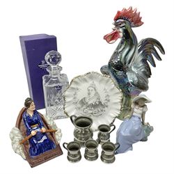 Nao figure of a lady '1042', commemorative Queen Victoria plate, pewter measures, Edinburgh crystal decanter with thistle decoration, Wood and Sons limited edition figure commemorating 150 years of the R.N.L.I numbered 321 of 5000 and a cockerel figure