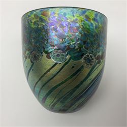 Jonathan Harris glass vase decorated with iridescent tonal spots and flowers over a mottled green iridescent ground, with label and signature beneath and original box, H11cm