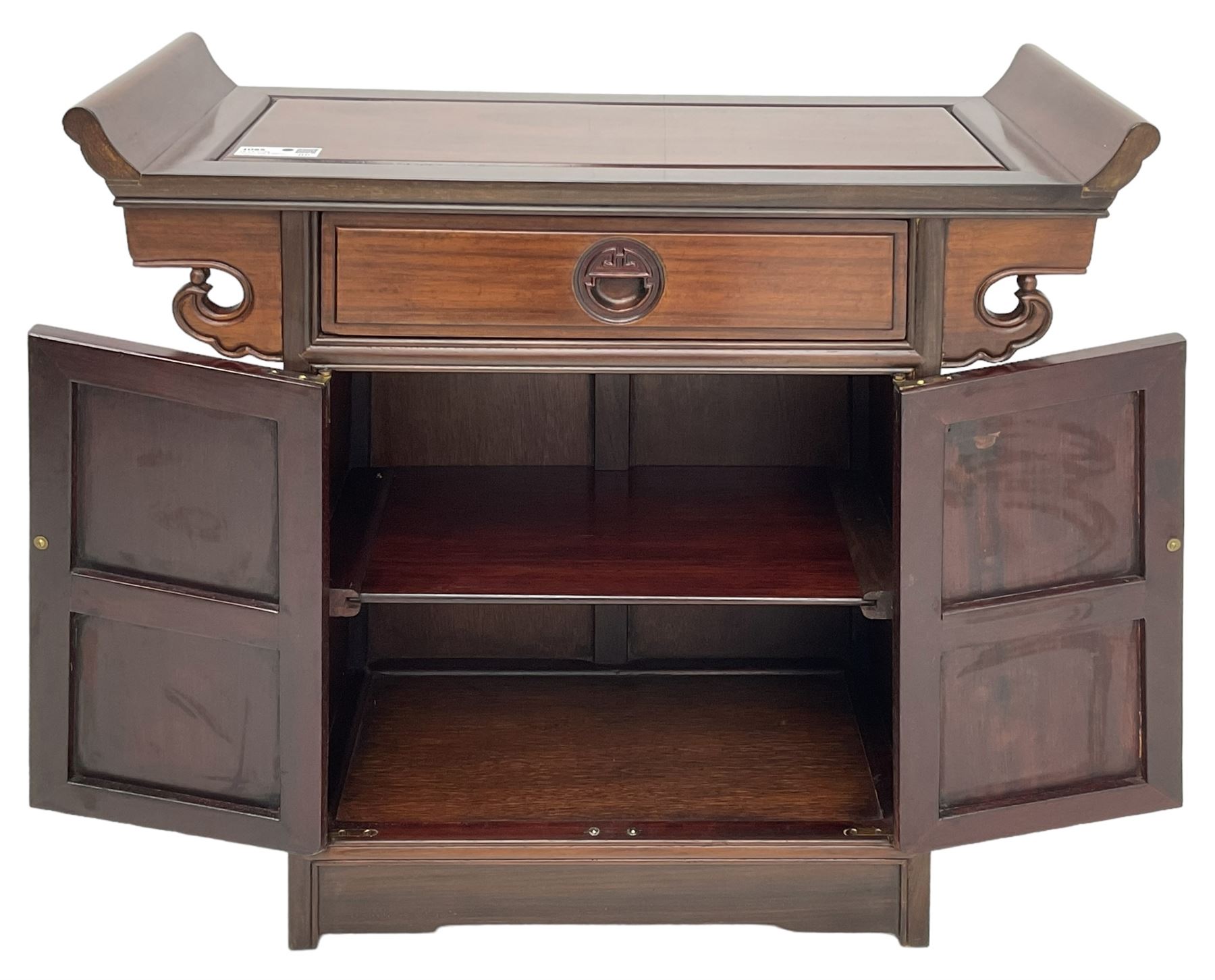 Chinese hardwood altar table, single drawer over double cupboard, two panelled doors carved with Shou motifs 