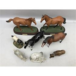Collection of Beswick horse figures, to include Red Rum on a wooden plinth,  Lammtarra on oval plinth, Morgan Horse Black and three others, together with Royal Daulton Appaloosa Foal and a USSR horse