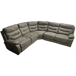 Large contemporary reclining corner sofa, upholstered in gunmetal grey faux suede fabric with black piping
